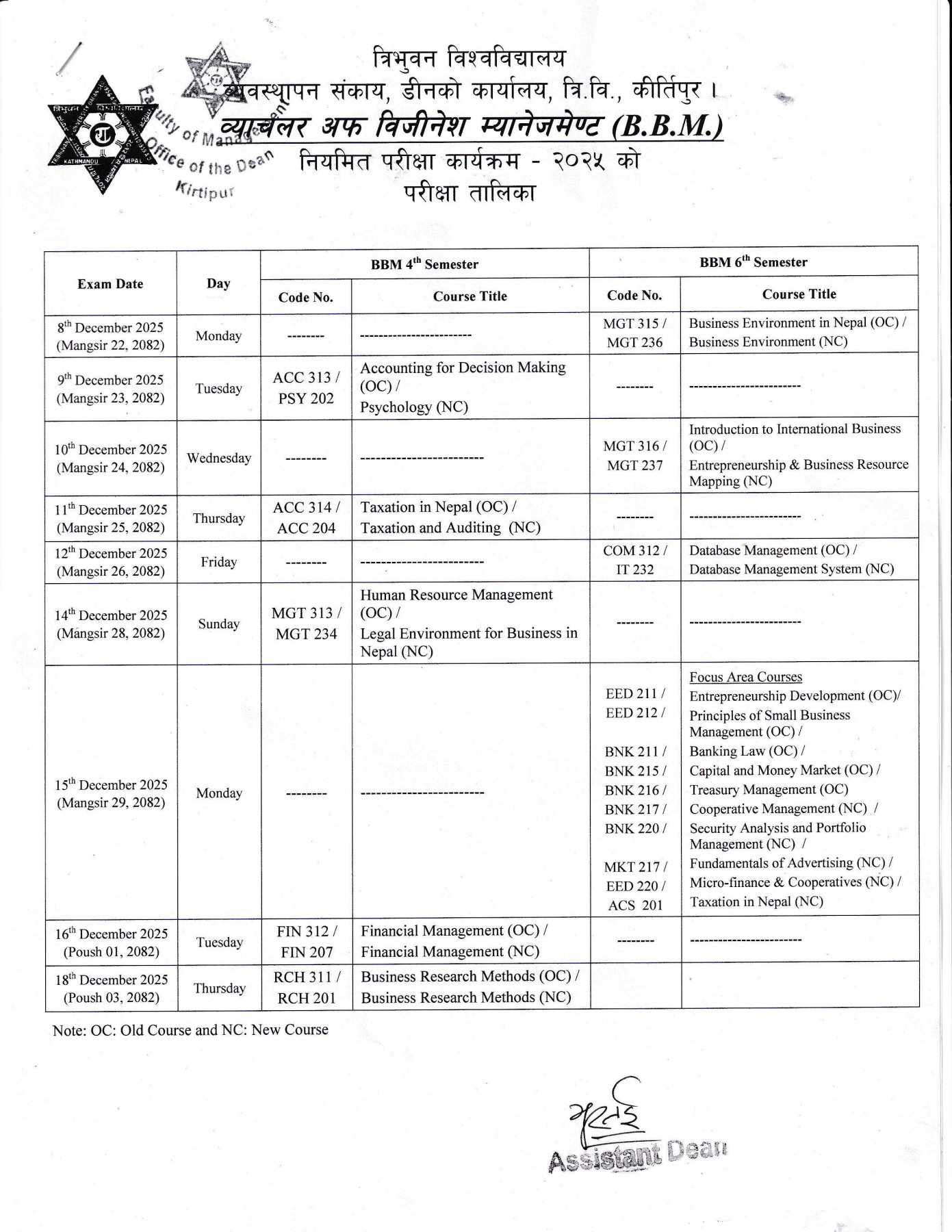 Exam Routine of Tribhuvan University BBM 4th and 6th Semester has been Published 2025